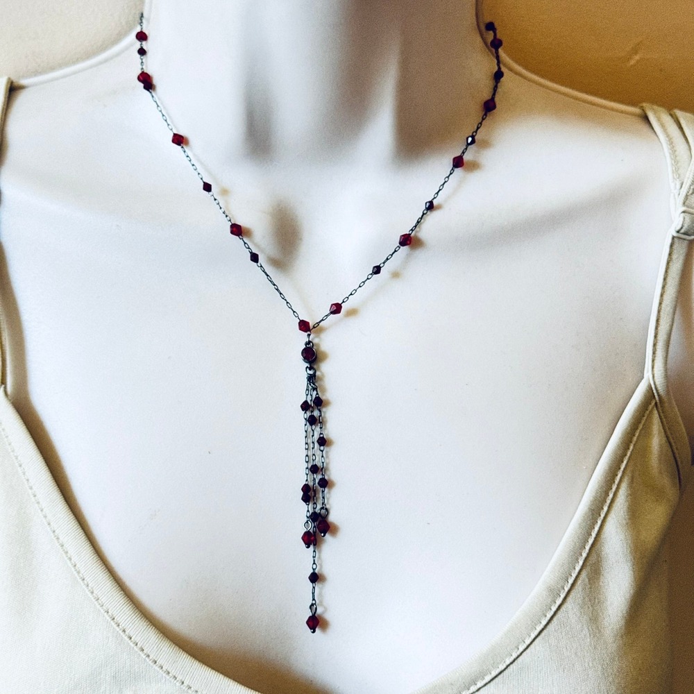 Victorian Style Y-Drop Necklace VTG 1928 Co Goth Red Crystal Beaded Collar 19"